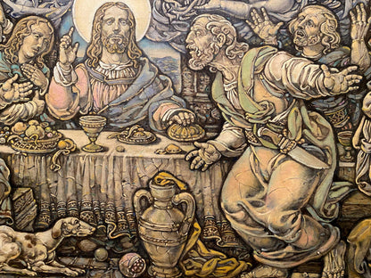 Detailed ornate stone urn with handles and lid in Litvinov Oleg Arkadyevich Last Supper oil painting