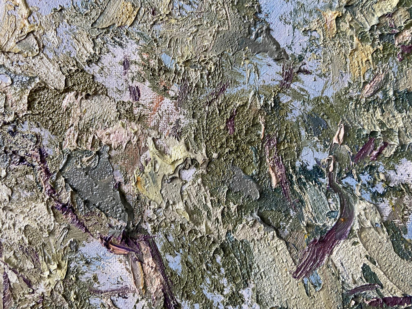 Oil painting In the Shadow by Gaponchenko Ivan Ivanovich, textured impasto greens grays purples