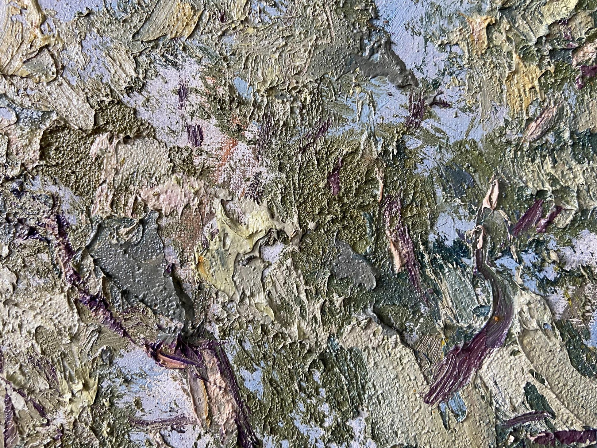 Oil painting In the Shadow by Gaponchenko Ivan Ivanovich, textured impasto greens grays purples