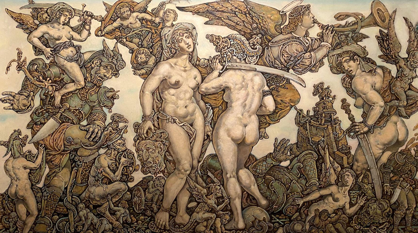 Sepia-toned mural by Oleg Arkad’yevich Judith Litvinov of mythological warriors