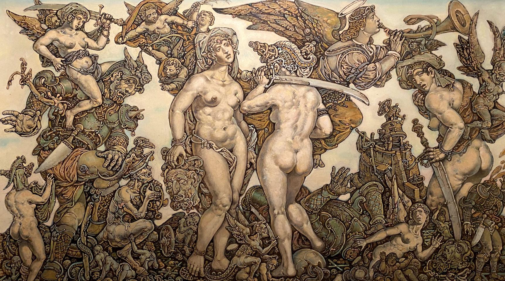 Sepia-toned mural by Oleg Arkad’yevich Judith Litvinov of mythological warriors