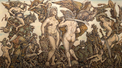 Sepia-toned mural by Oleg Arkad’yevich Judith Litvinov of mythological warriors