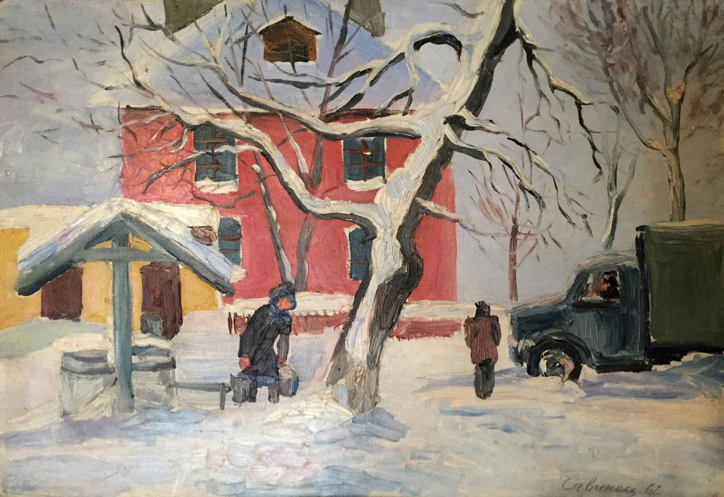 Oil painting of Savinets old house: red brick with snow-covered roof and bare trees