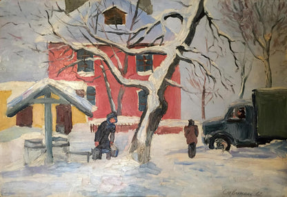 Oil painting of Savinets old house: red brick with snow-covered roof and bare trees