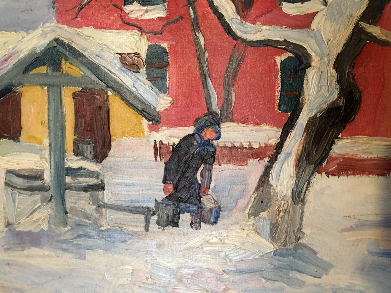 Oil painting of person with bucket of snow by old house Savinets