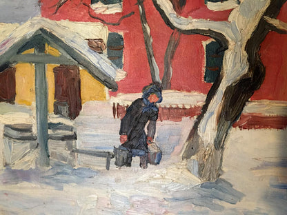 Oil painting of person with bucket of snow by old house Savinets