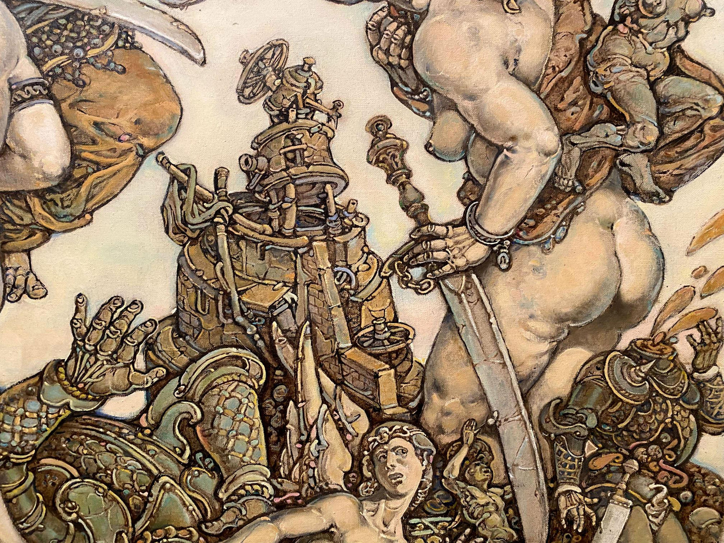 Sepia-toned muscular knight in ornate armor with sword by Judith Litvinov Oleg Arkad’yevich