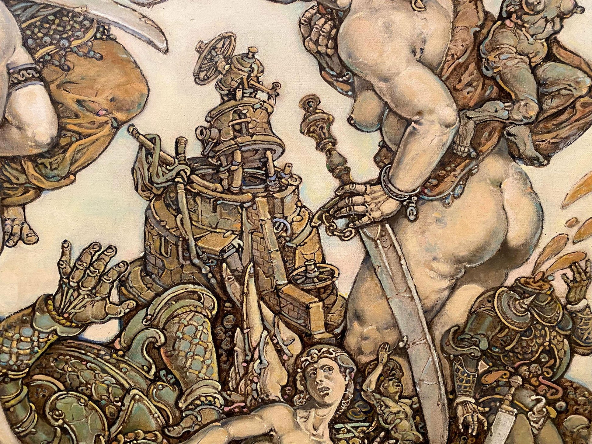 Sepia-toned muscular knight in ornate armor with sword by Judith Litvinov Oleg Arkad’yevich