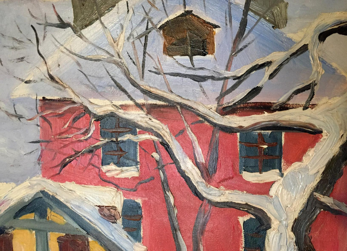 Vibrant oil painting of Old house Savinets with red house, snow-dusted branches, birdhouse