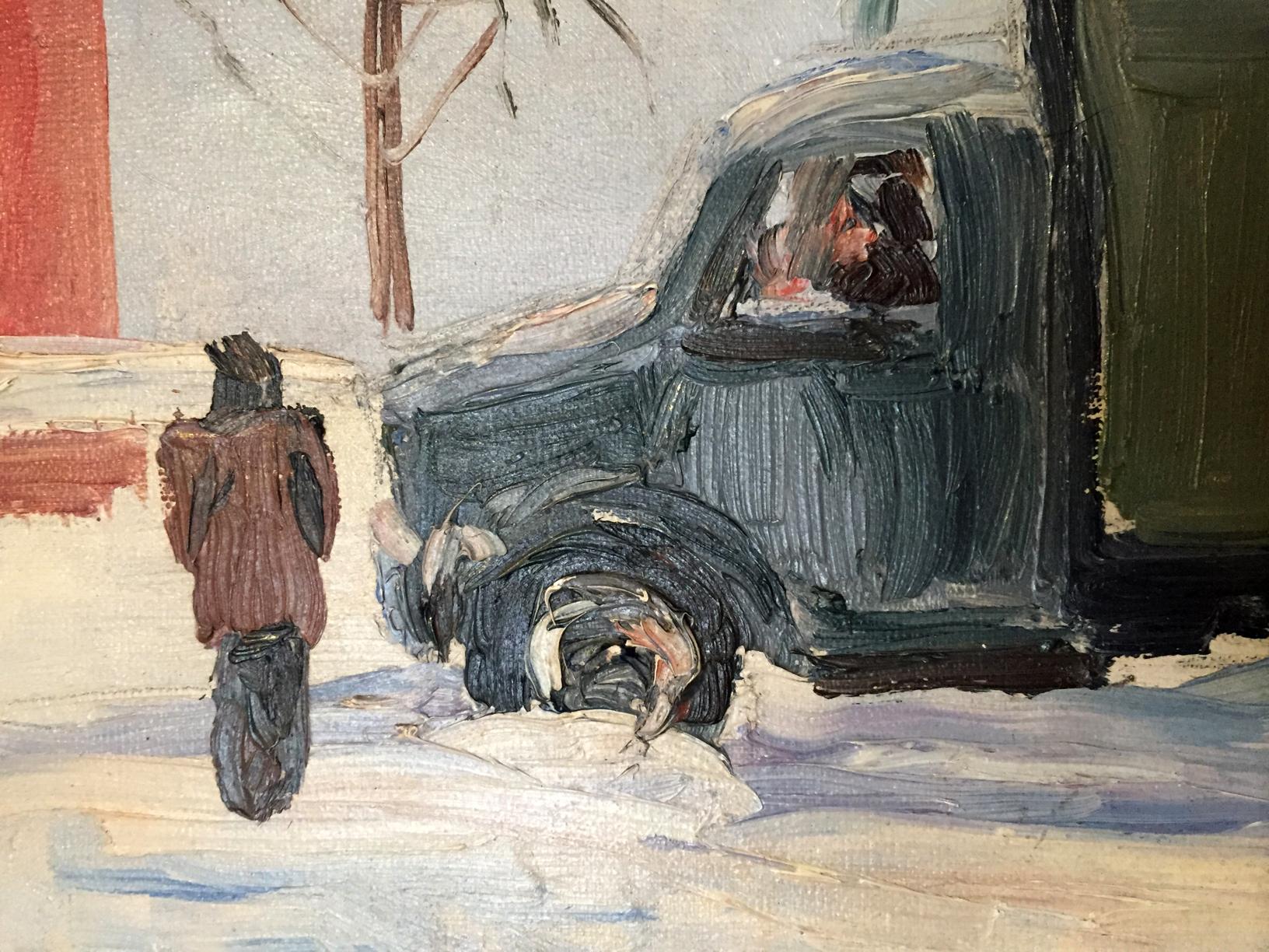 Dark green snow-covered vintage truck in Old house Savinets oil painting