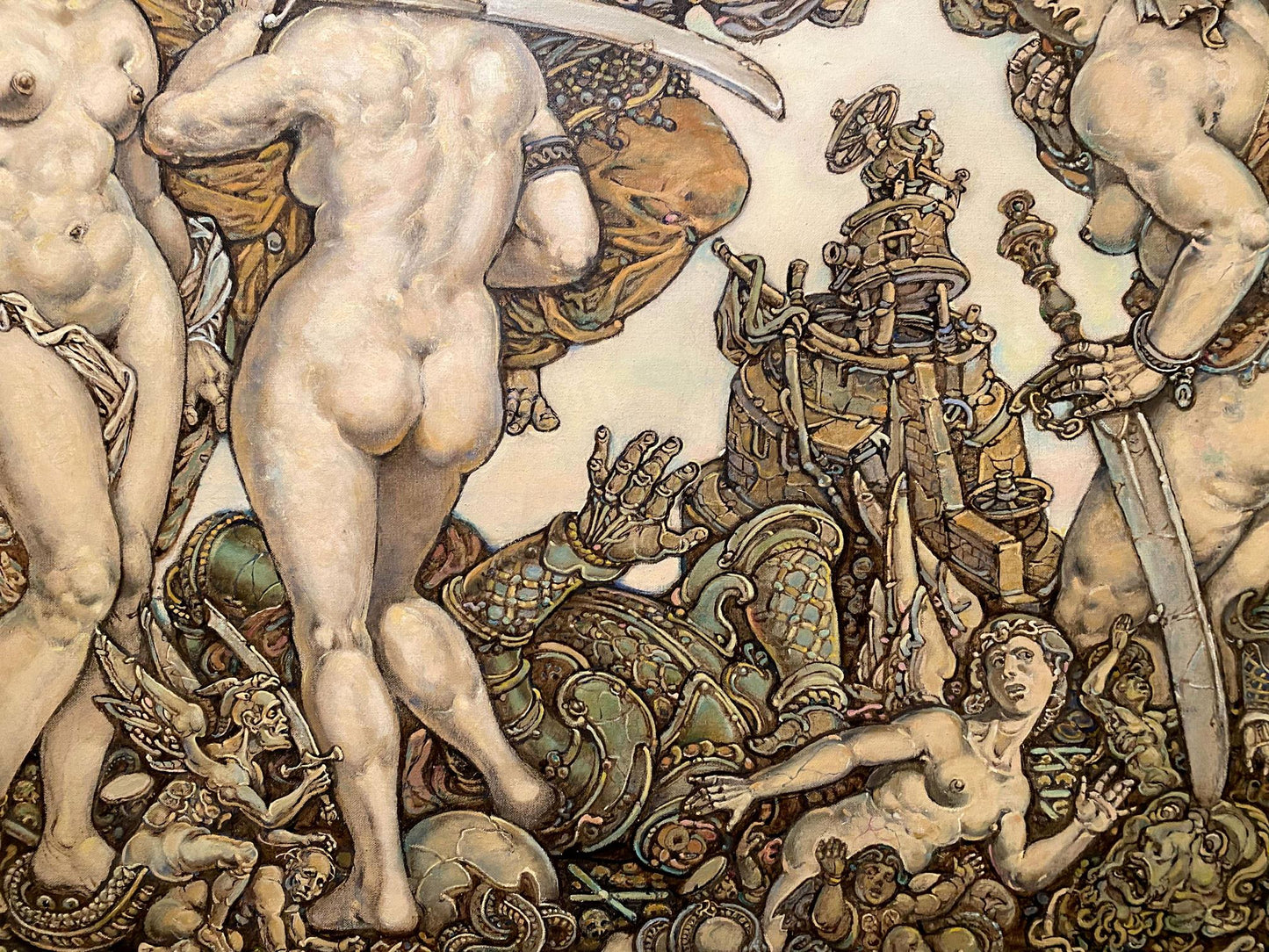 Sepia-toned oil painting by Judith Litvinov Oleg Arkad’yevich of nude figures battling mechanical constructs