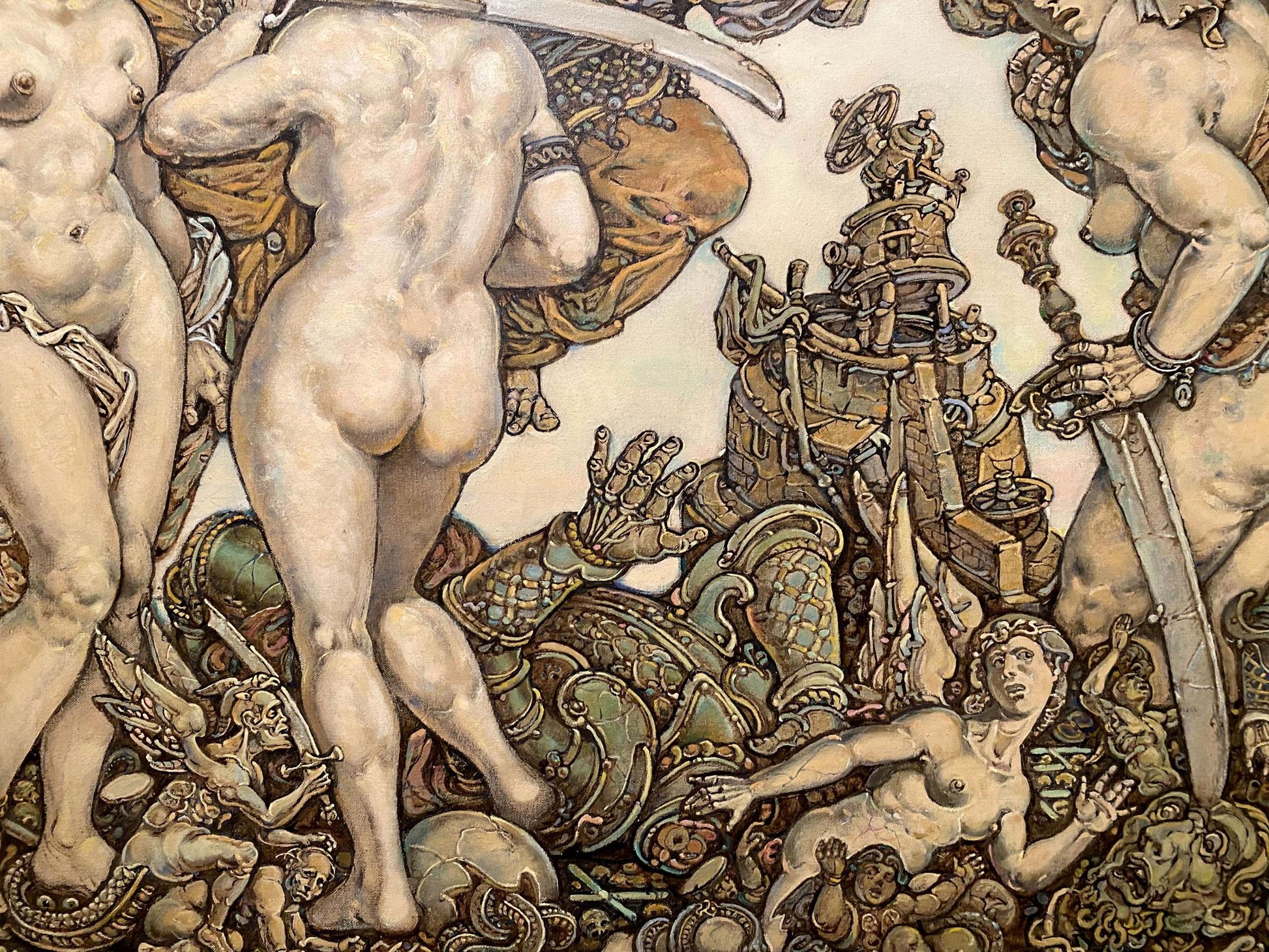 Sepia-toned oil painting by Judith Litvinov Oleg Arkad’yevich of nude figures battling mechanical constructs