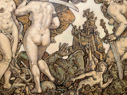 Sepia-toned oil painting by Judith Litvinov Oleg Arkad’yevich of nude figures battling mechanical constructs