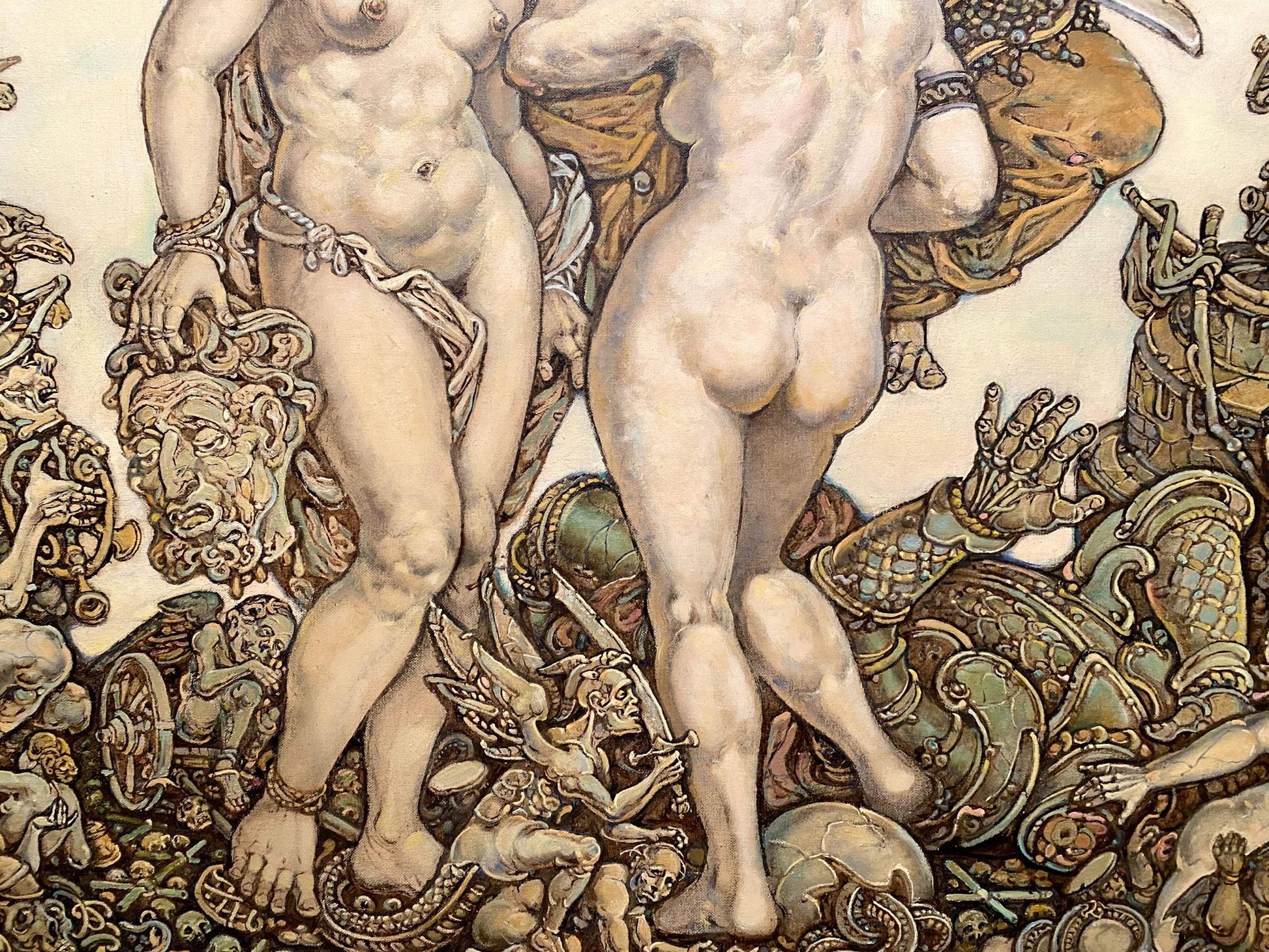 Classical nude muscular figures by Judith Litvinov in chaotic mythological scene