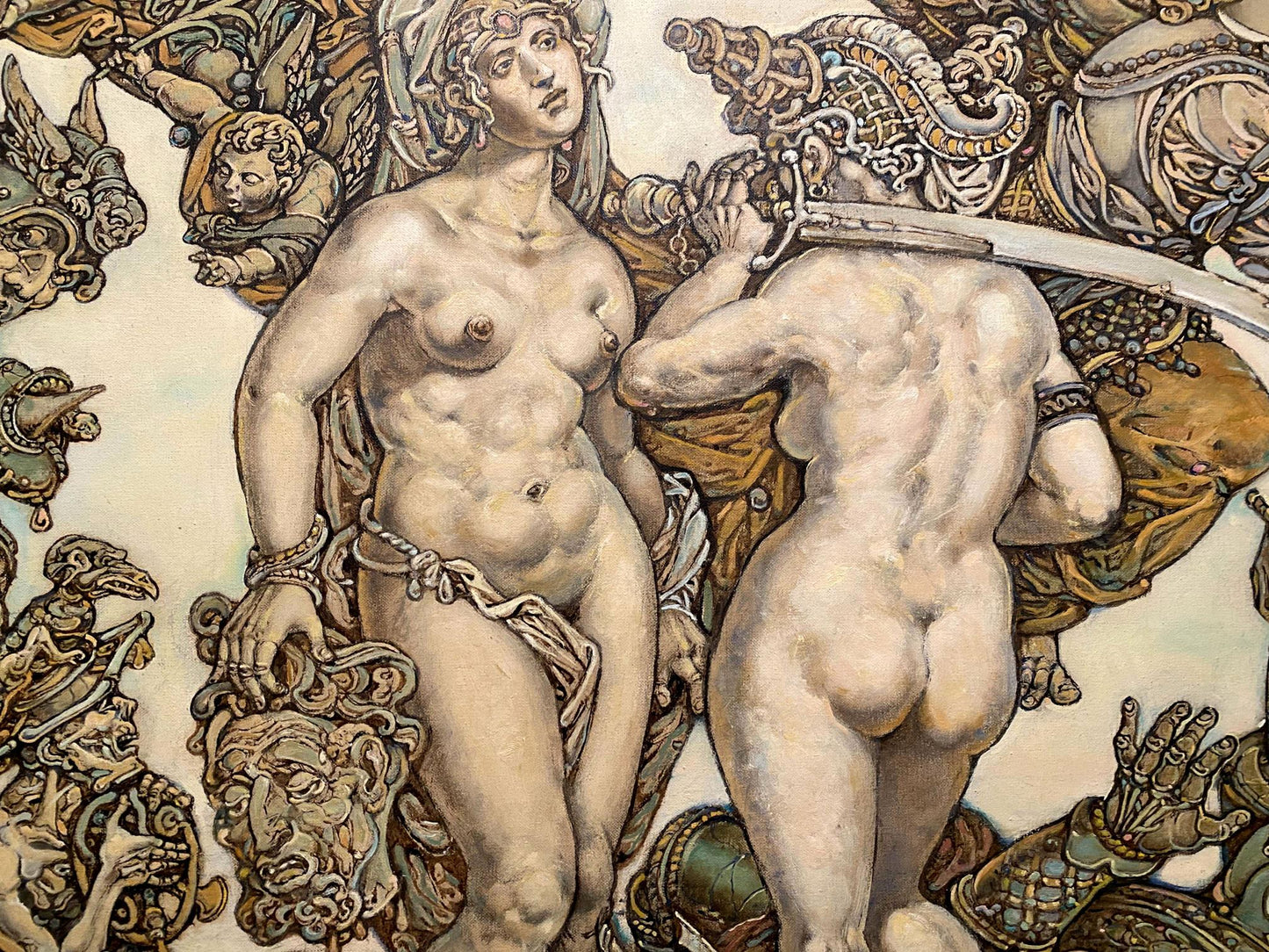 Classical oil painting by Oleg Arkad’yevich Judith Litvinov of two nude figures with sword and headpiece