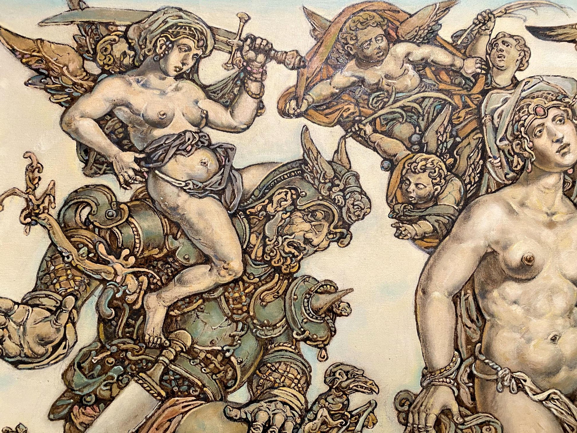 Classical mythological mural by Judith Litvinov Oleg Arkadyevich in muted earth tones