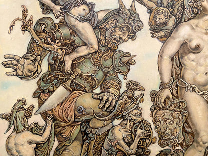 Oil painting of mythological battle by Judith Litvinov Oleg Arkadyevich
