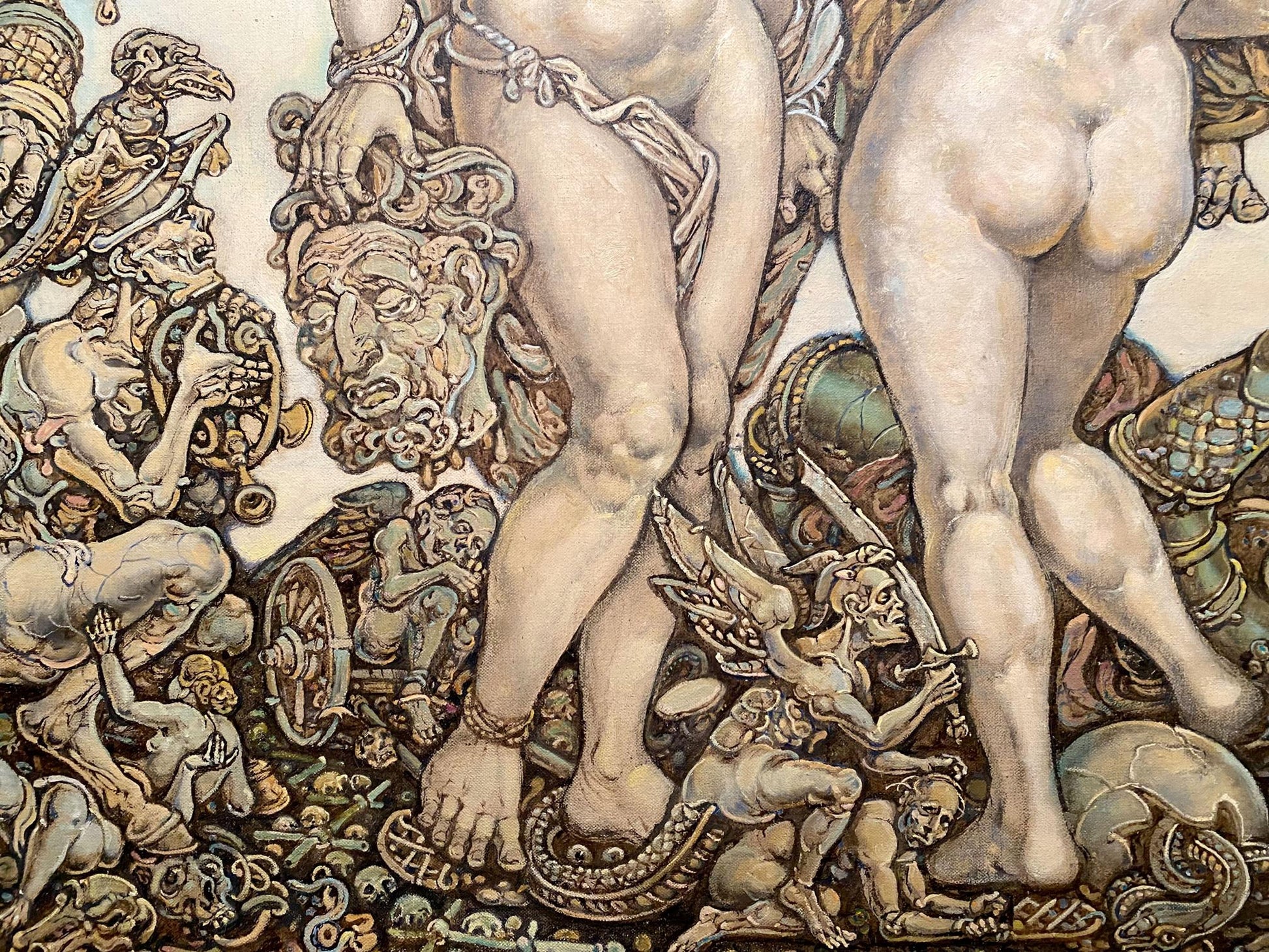 Surreal oil painting by Judith Litvinov Oleg Arkadyevich with muscular chained figures