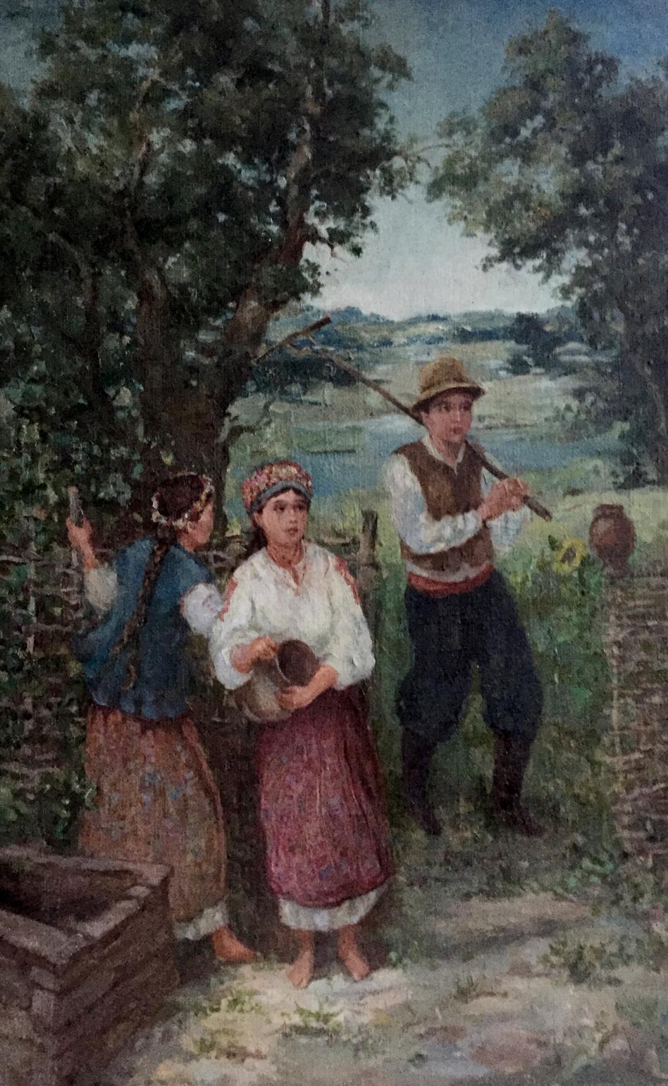 Oil painting copy of folk art: girl guy by stone well in rustic attire