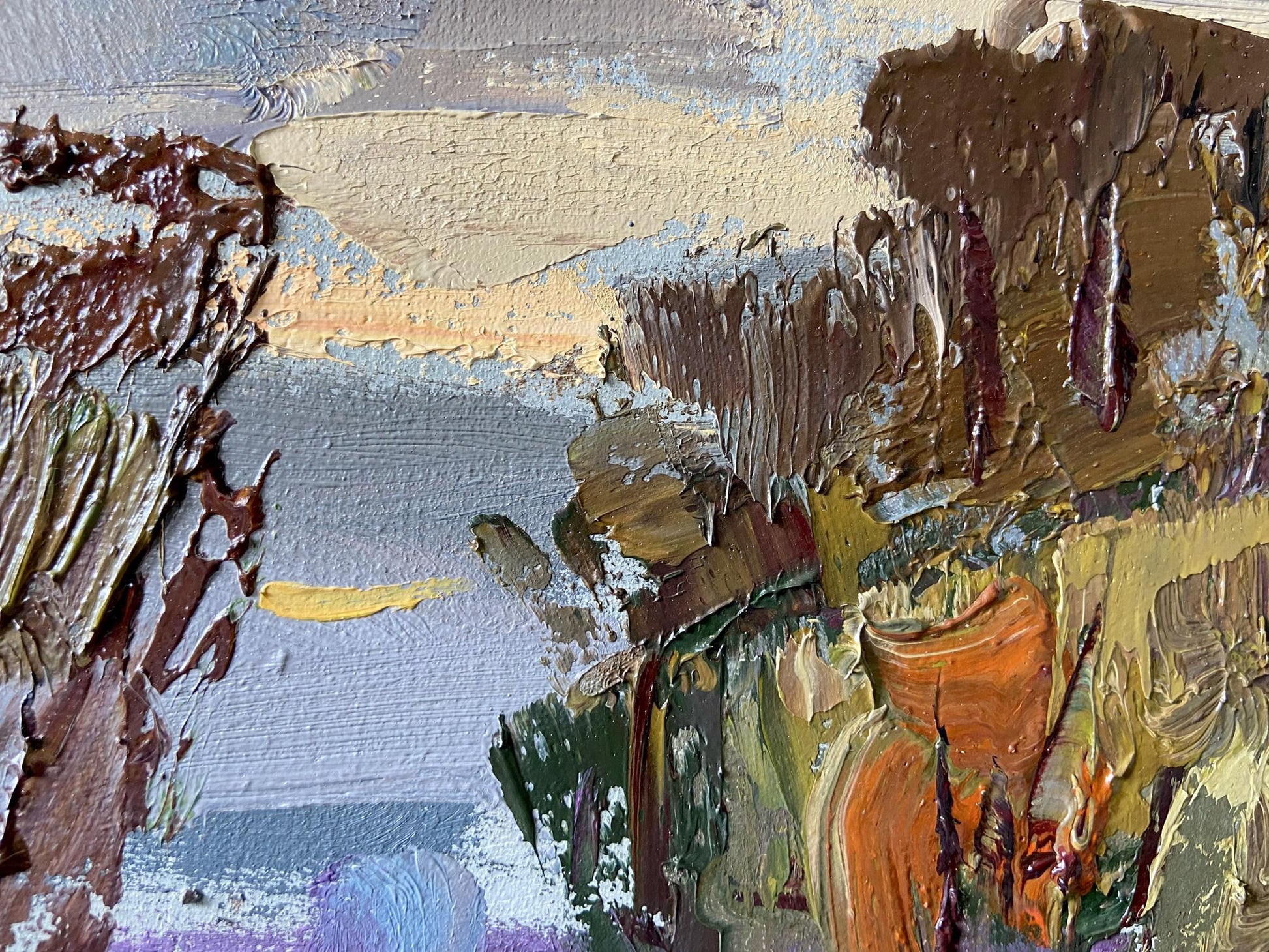 Oil painting Evening in the Meadow by Gaponchenko Ivan Ivanovich with textured impasto in earthy browns ochres and muted blues