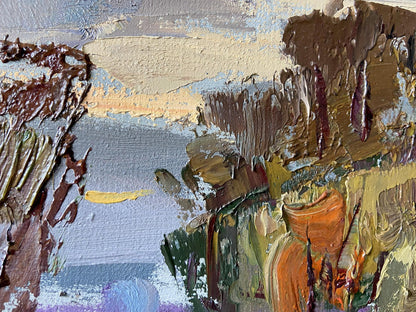 Oil painting Evening in the Meadow by Gaponchenko Ivan Ivanovich with textured impasto in earthy browns ochres and muted blues
