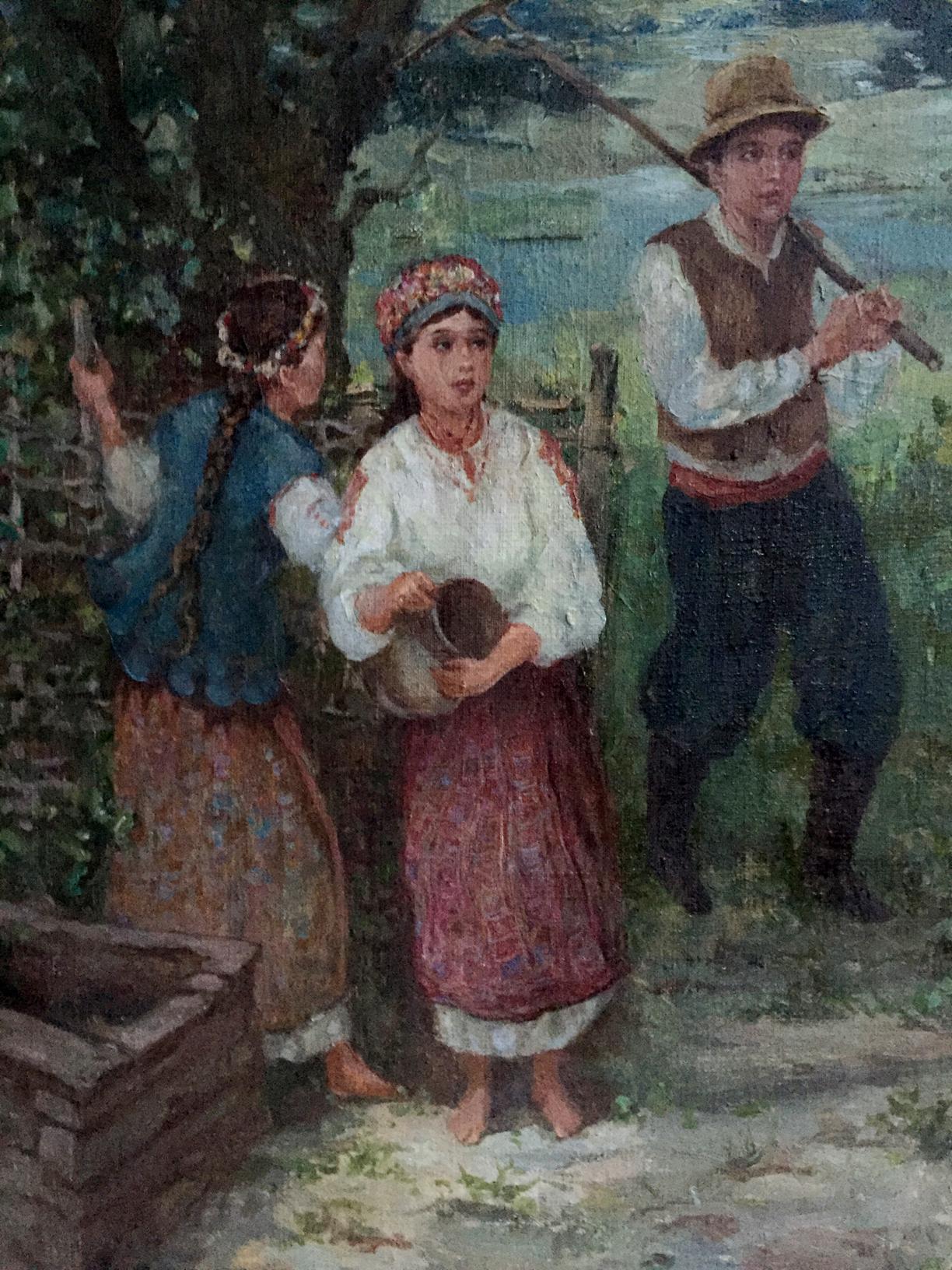 Oil painting copy of girl and guy: woman in white blouse, red skirt with basket
