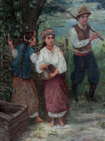 Oil painting copy of girl and guy: woman in white blouse, red skirt with basket