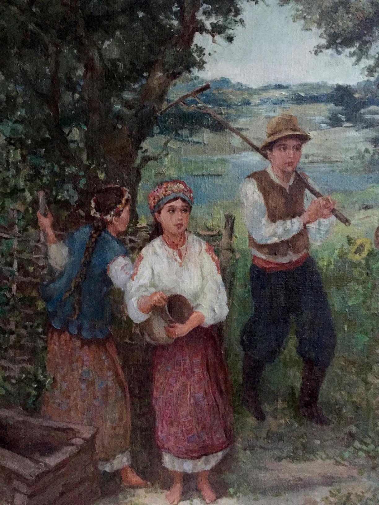 Oil painting copy of girl and guy: barefoot woman in white blouse, red skirt, floral headpiece under tree