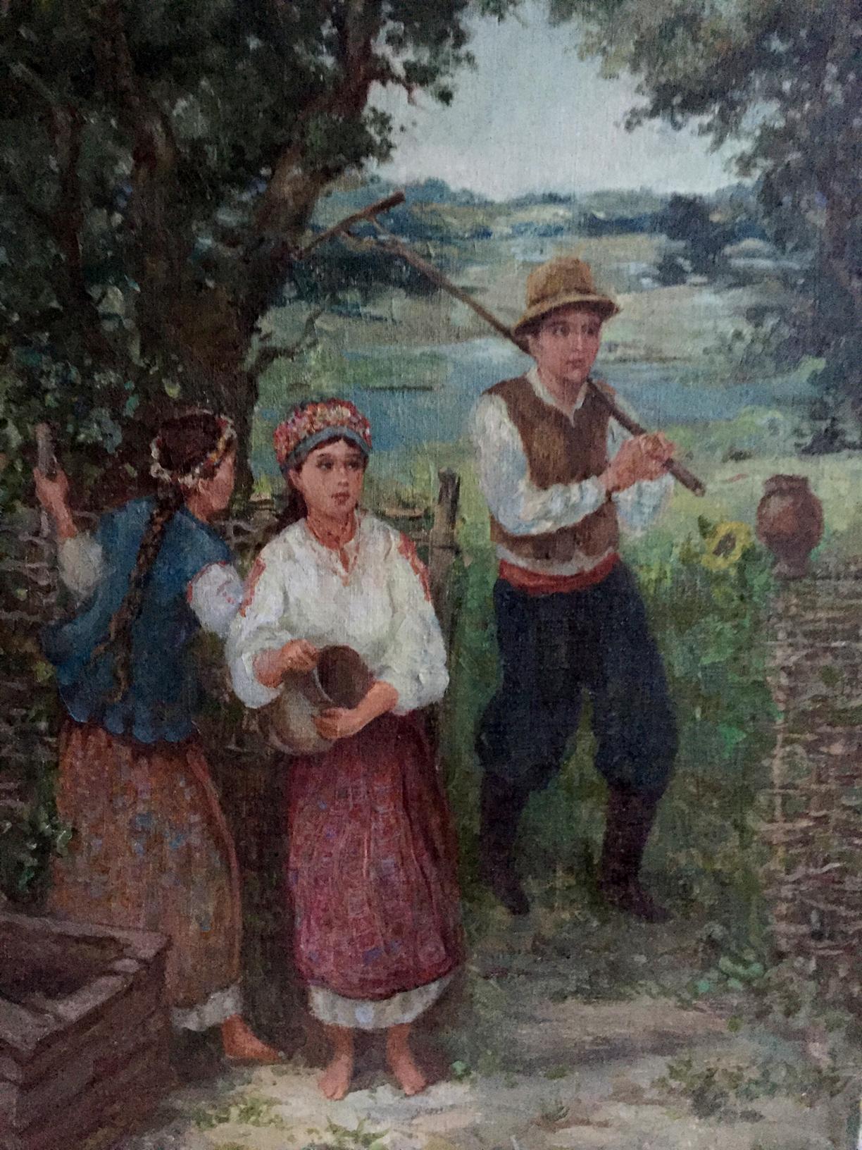 Oil painting copy of girl and guy in rustic countryside attire
