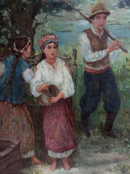 Oil painting copy of girl and guy: young girl in white blouse and red skirt holding wooden bowl