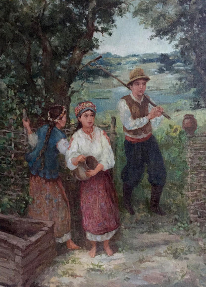 Oil painting copy of folk art with girl guy by stone wall tree
