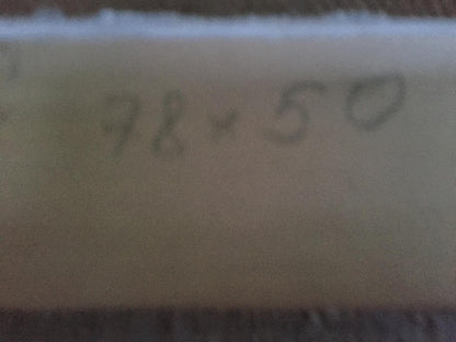 Back of beige cylindrical oil painting copy of girl and guy with handwritten markings