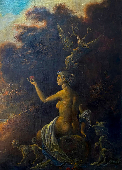 Oil painting Metamorphosis by Litvinov Oleg Arkad’yevich: nude golden woman with laurel in forest