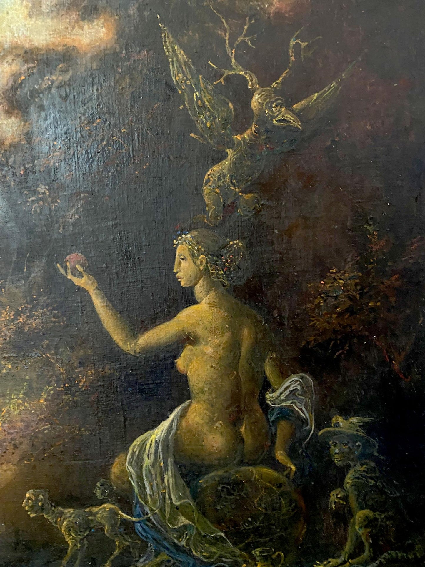 Oil painting Metamorphosis by Litvinov Oleg Arkad’yevich: nude golden woman under bird creature
