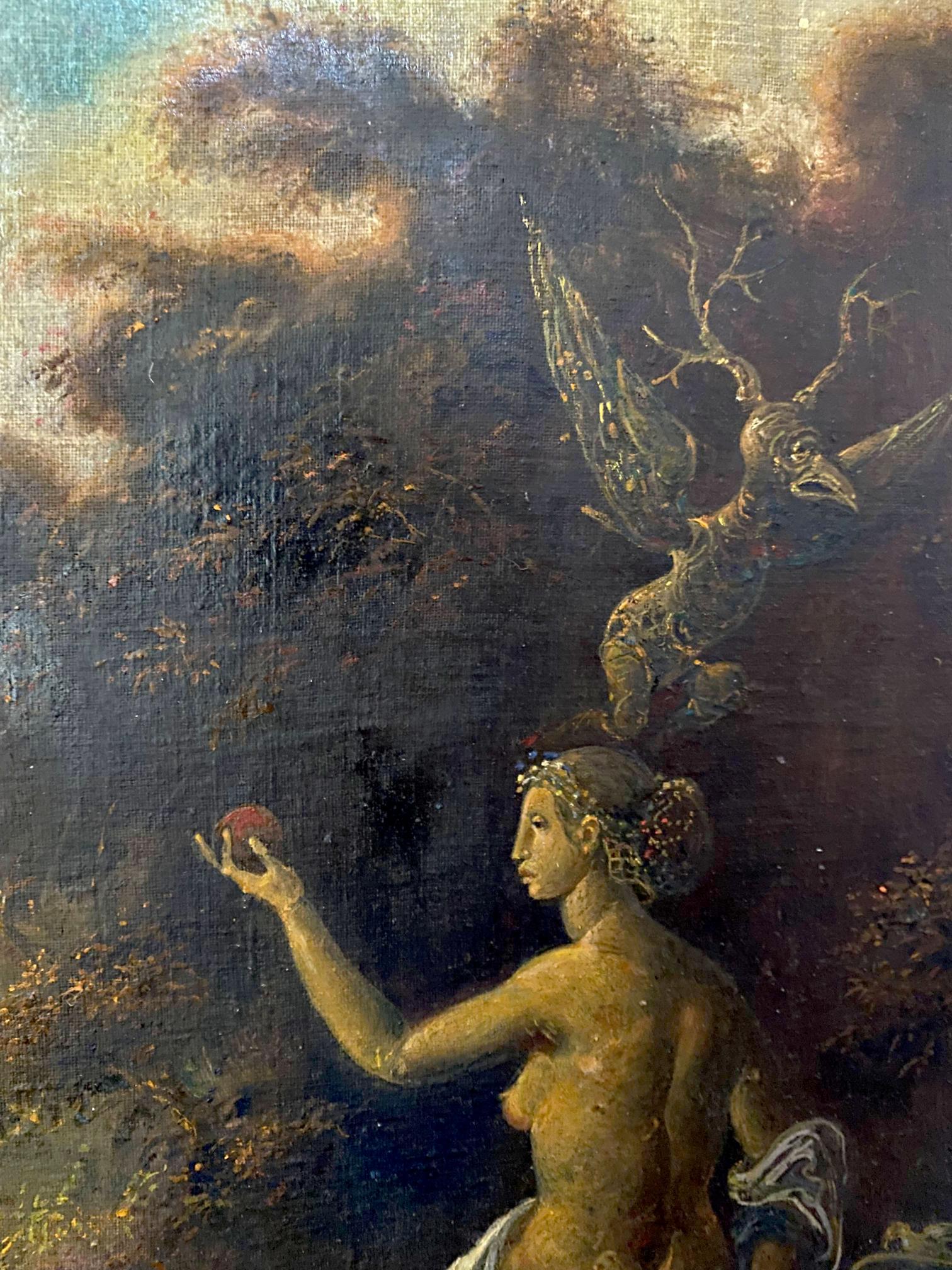 Oil painting Metamorphosis by Litvinov Oleg Arkad’yevich: nude woman with floral wreath holding apple
