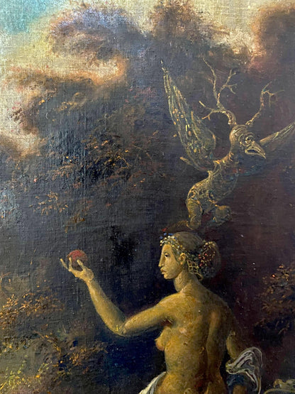 Oil painting Metamorphosis by Litvinov Oleg Arkad’yevich: nude woman with floral wreath holding apple