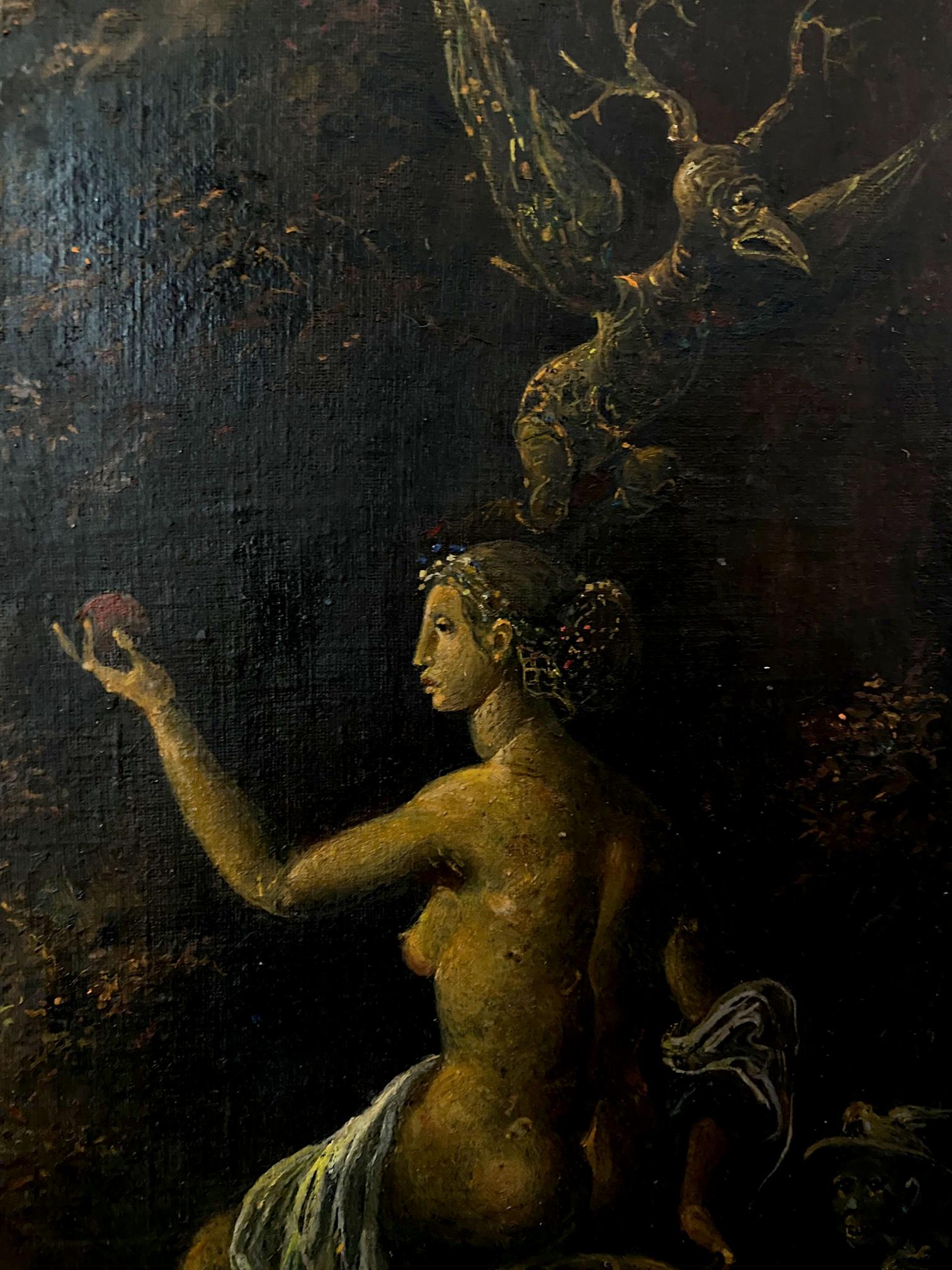 Oil painting Metamorphosis by Litvinov Oleg Arkad’yevich: nude woman with leaf crown holding apple, winged creature above