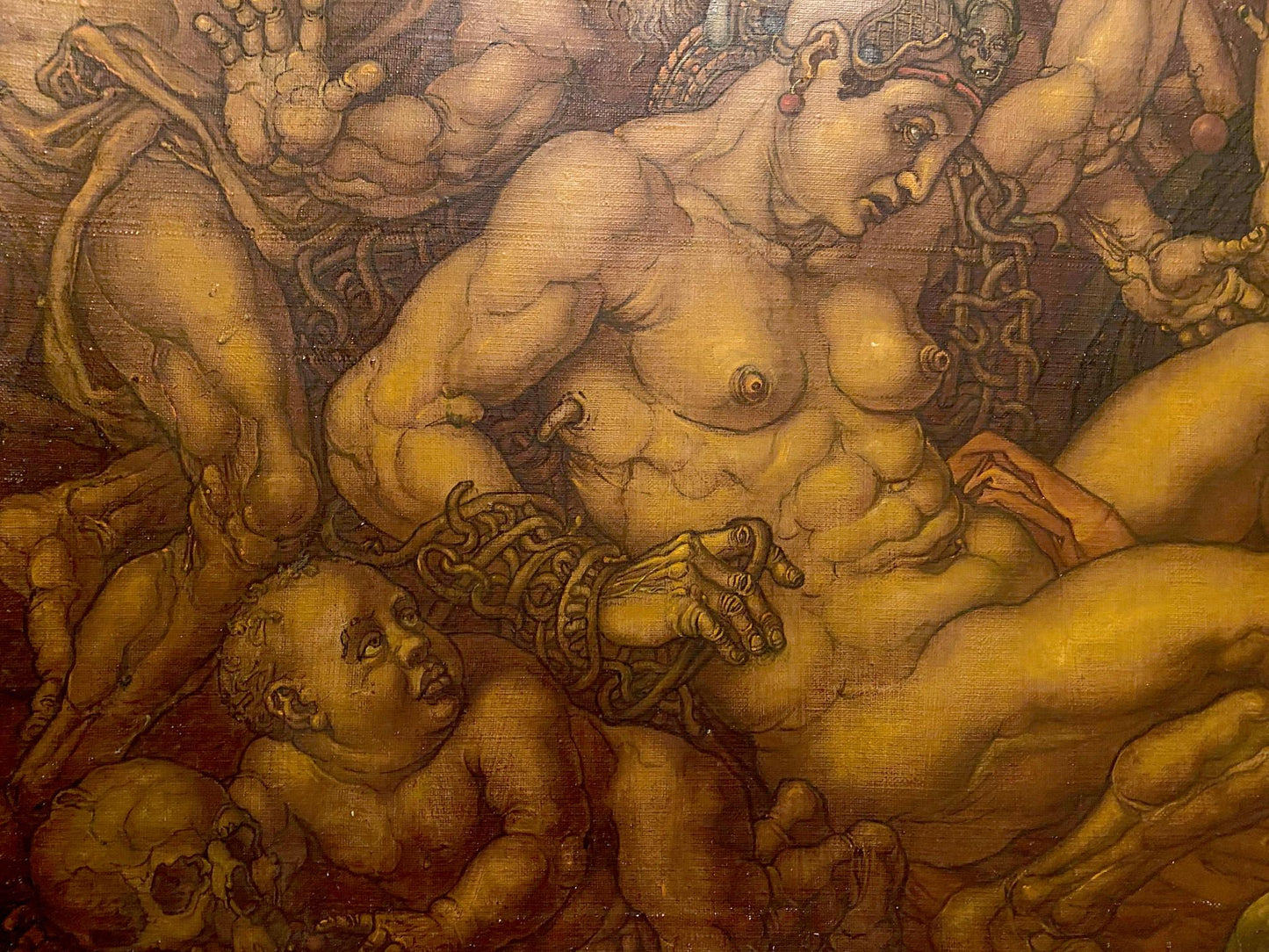 Oil painting Descent from the Cross by Litvinov Oleg Arkad’yevich, muscular nude chained figure
