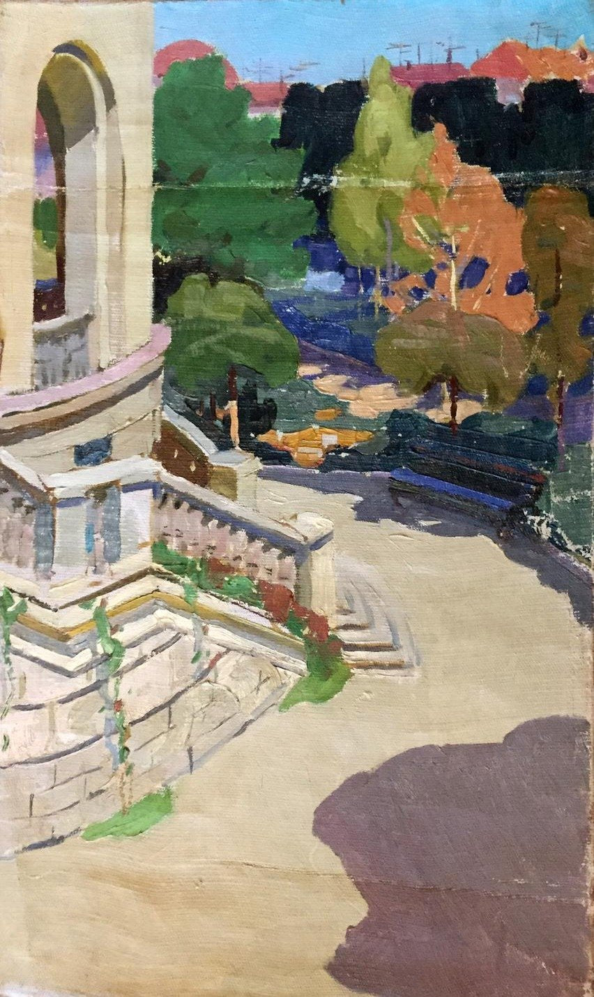 Oil painting of ivy-covered stone staircase to monastery arched entrance