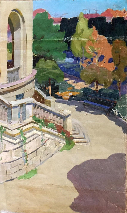 Oil painting of ivy-covered stone staircase to monastery arched entrance