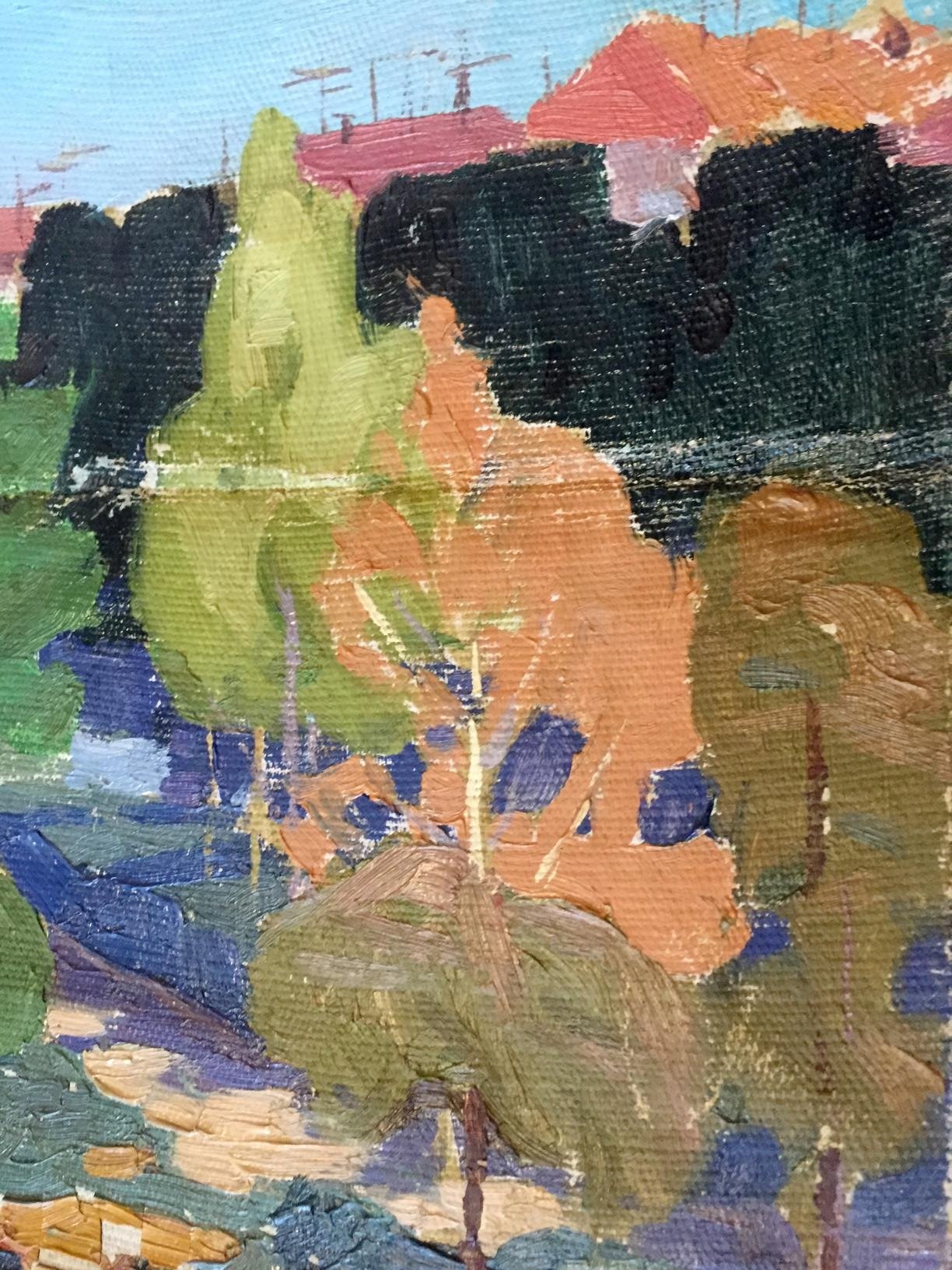 Vibrant impressionist oil painting of Monastery with trees and red rooftops