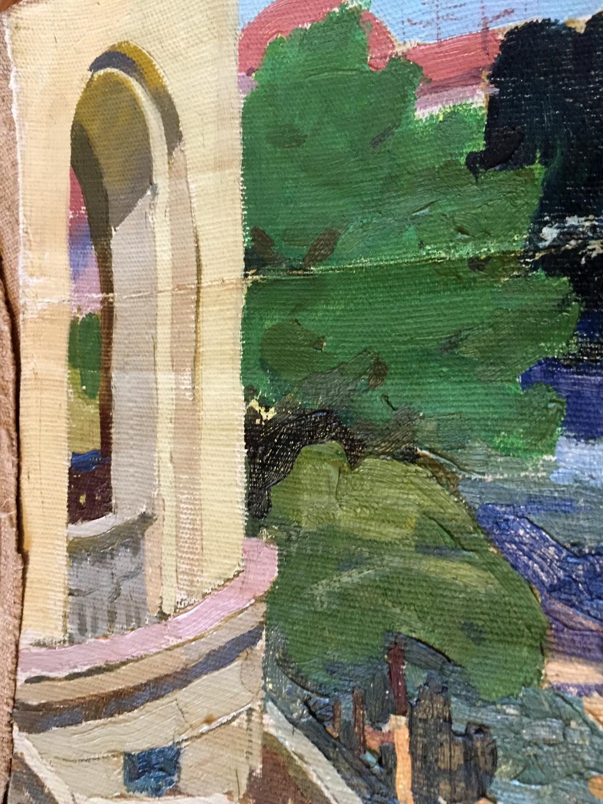 Oil painting of Monastery: cream arched structure with green foliage and rooftops