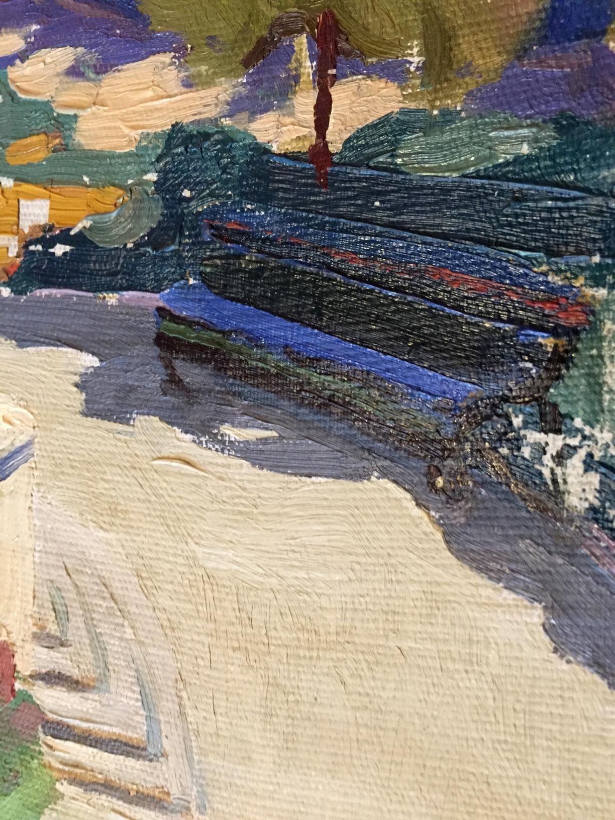 Oil painting Monastery with bold textured brushstrokes in blues and greens