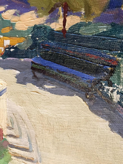 Oil painting Monastery with bold textured brushstrokes in blues and greens