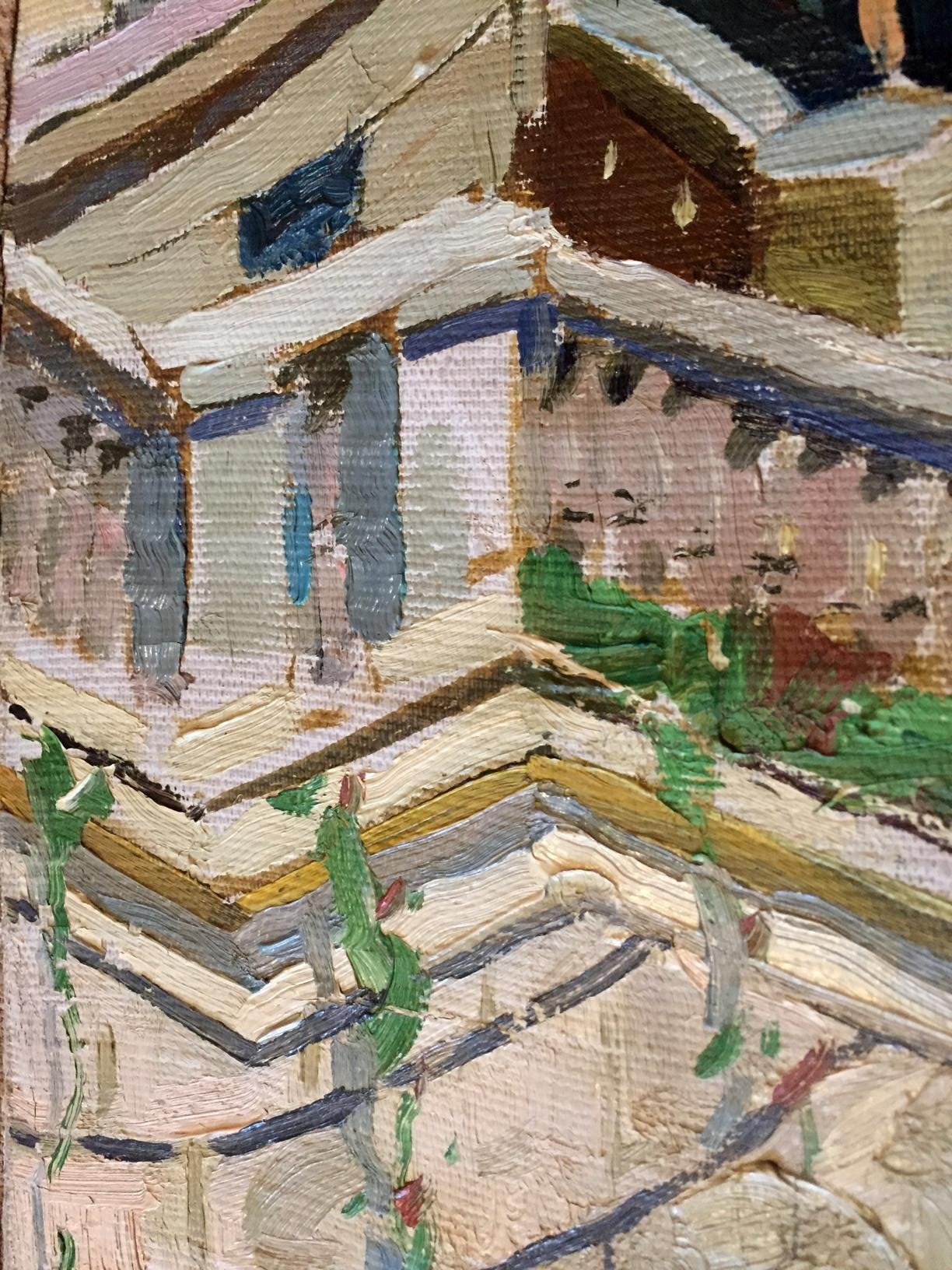 Oil painting of Monastery with white-blue building and green foliage