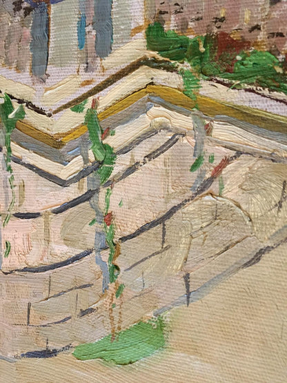 Textured oil painting of Monastery stone staircase with green vines