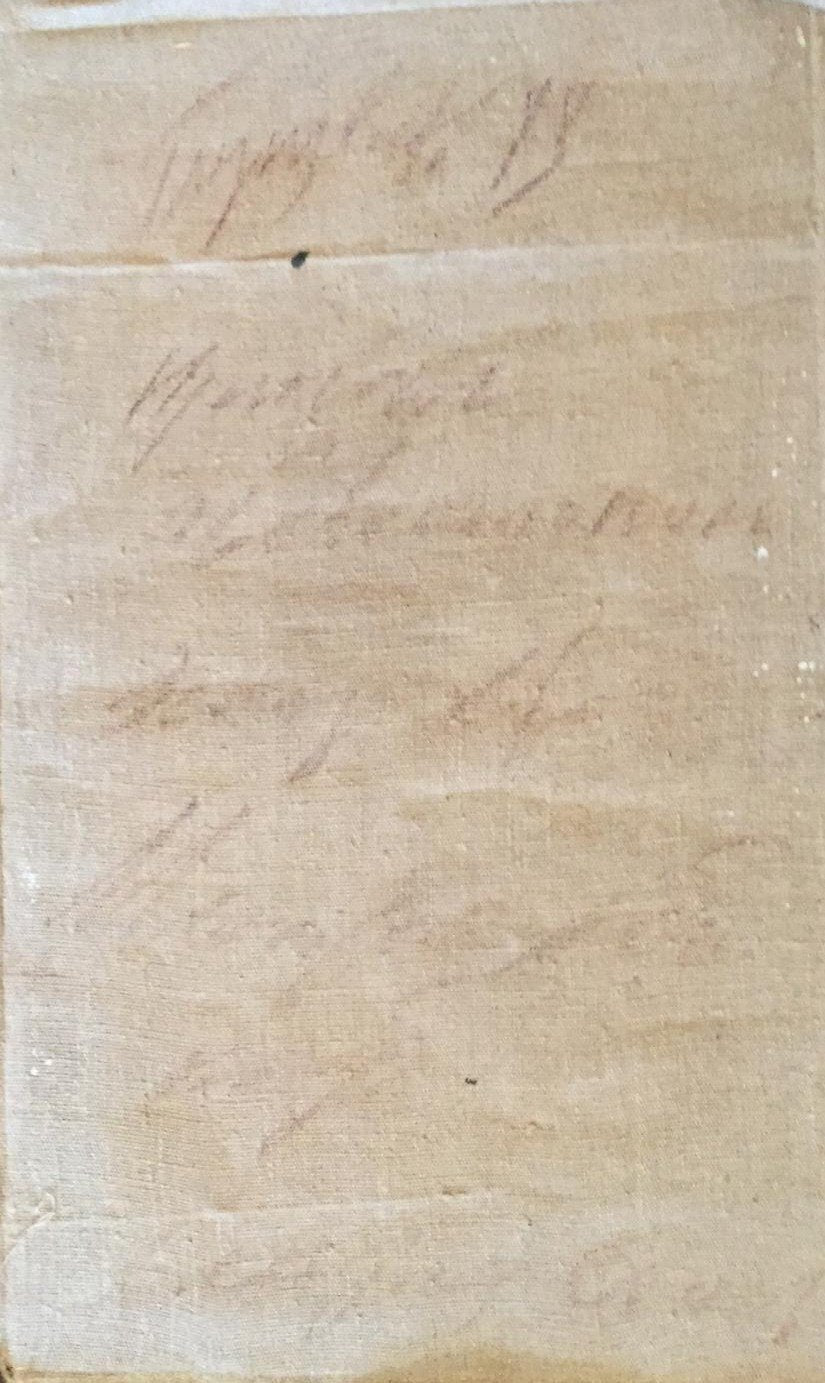 Faded aged parchment with cursive script on Oil painting Monastery back