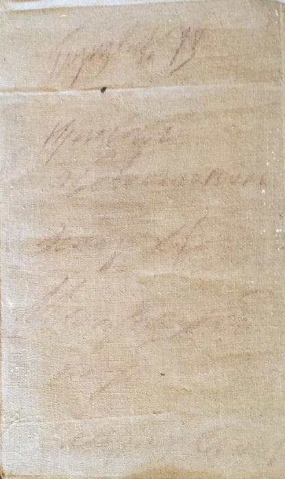 Faded aged parchment with cursive script on Oil painting Monastery back