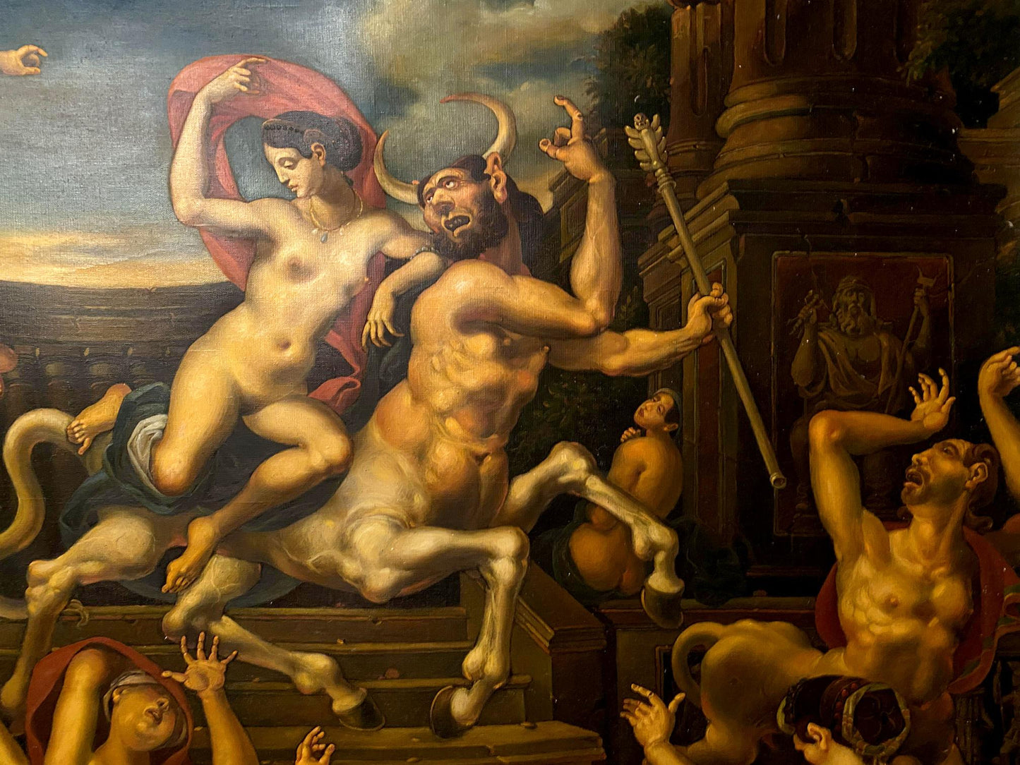 Oil painting by Litvinov Oleg Arkad’yevich: muscular horned minotaur with nude woman on back