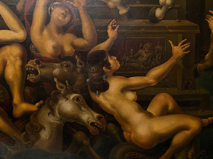 Nude dark-haired woman in ornate headpiece reclining with grotesque horse creatures in Oil painting Abduction by Litvinov Oleg Arkad’yevich